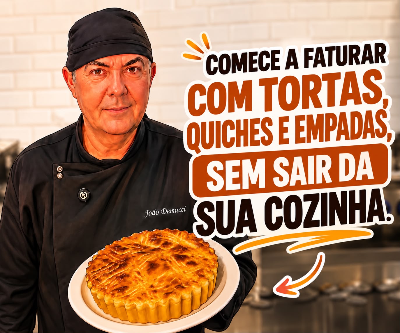 Chef Seu João segurando uma torta dourada recém-assada