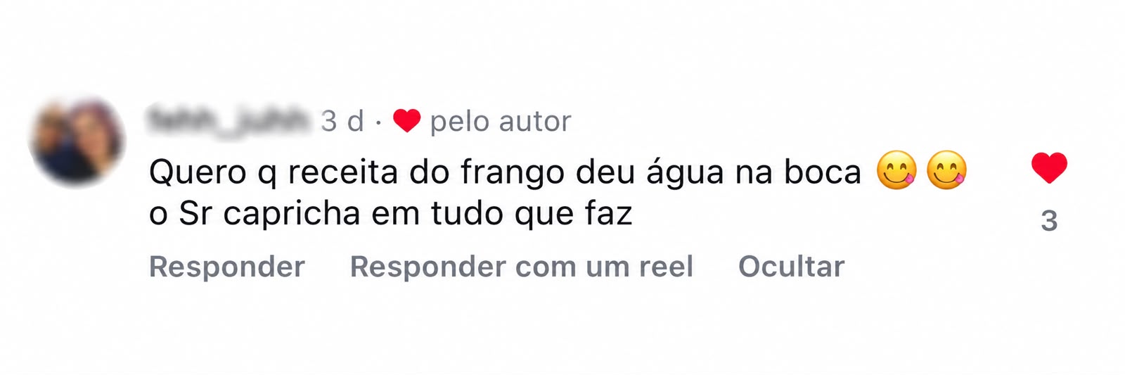 Comentário real no Instagram elogiando o frango cremoso